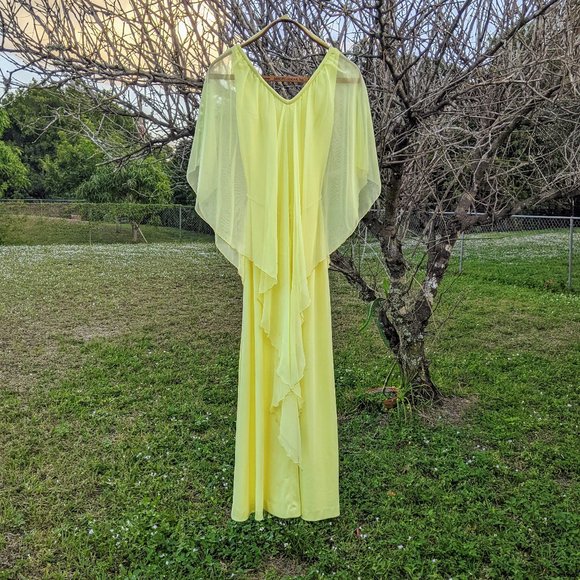 Vintage Yellow Goddess Long Dress with Chiffon Drape and Waist Tie - X-Small? - Picture 1 of 16